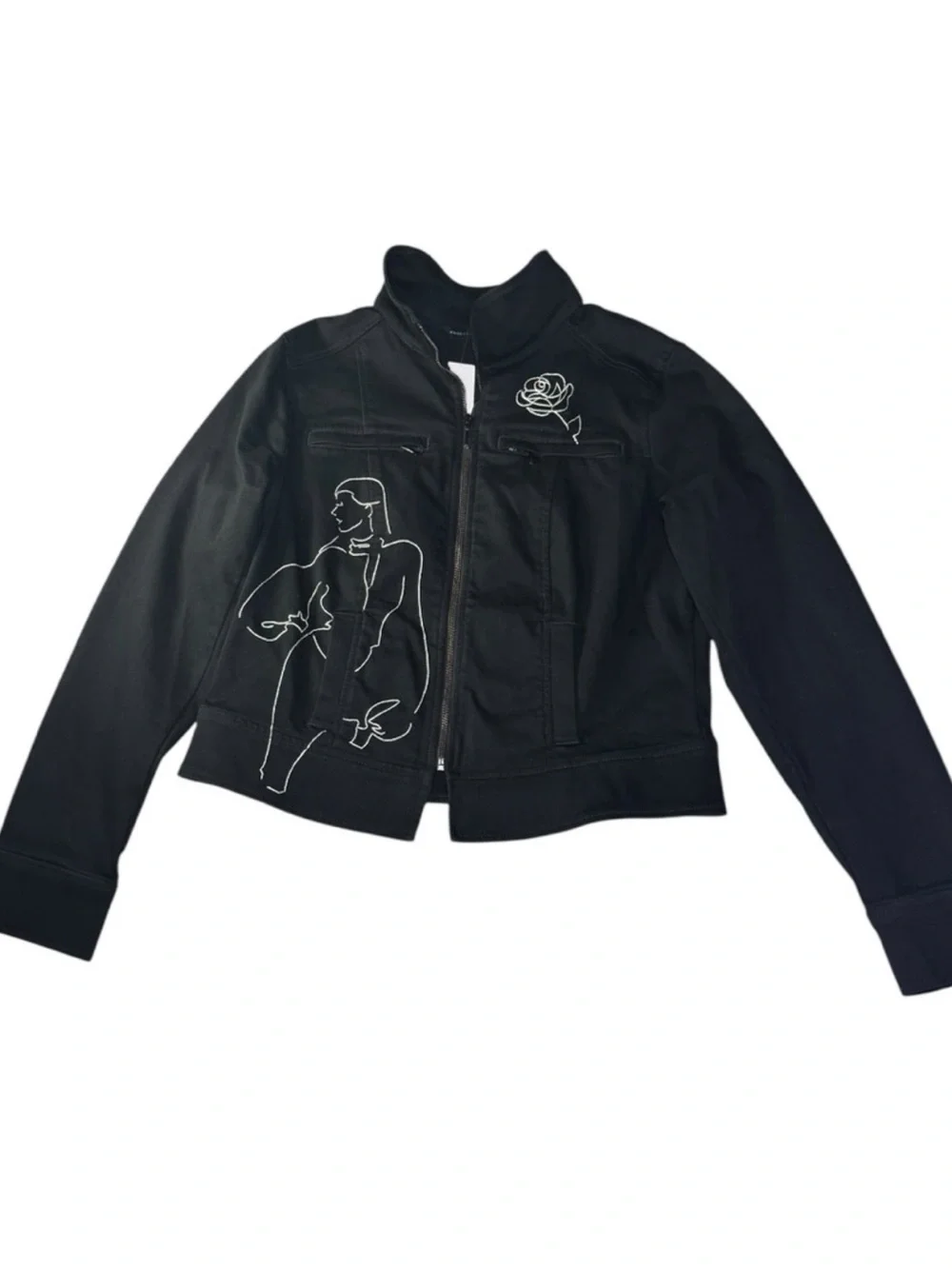 White House Black Market Embroidered Lady & Rose Black Full Zip Jacket Size 8